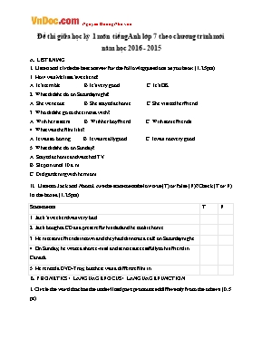 Đề và đáp án kiểm tra giữa học kì I Tiếng anh lớp 7 - Năm học 2015-2016